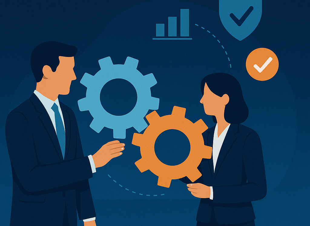 Business professionals collaborating on data remediation using gears to symbolize co-sourcing efficiency, control, and expertise.